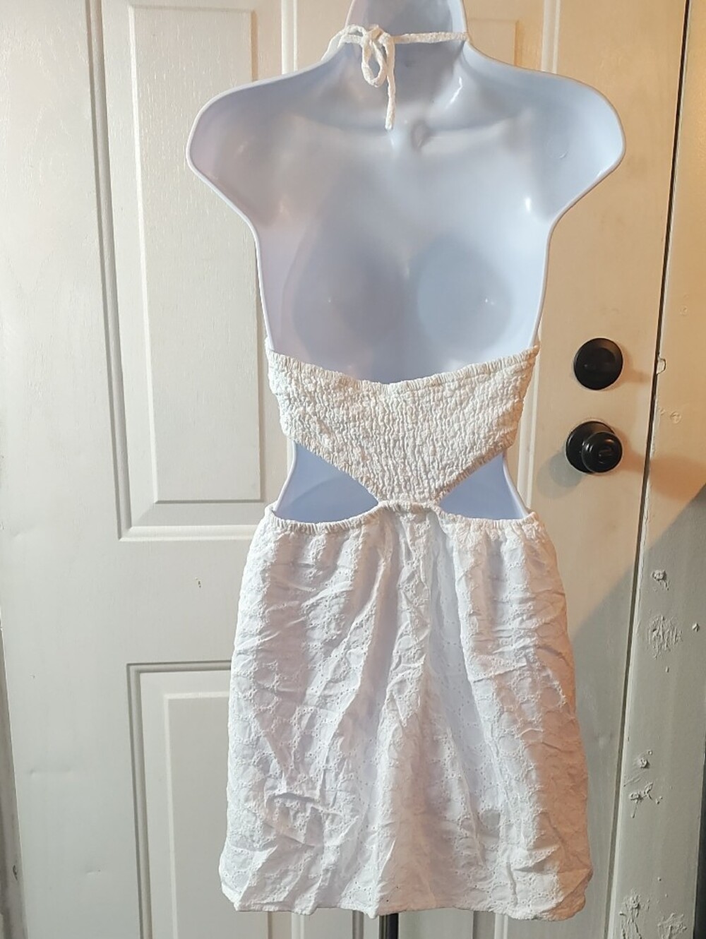 White Eyelet Cutout Halter Mini Dress - Picture 3 of 12